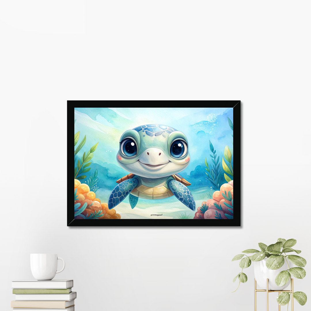 Framed artwork of a cartoon turtle in an underwater scene on a white wall.