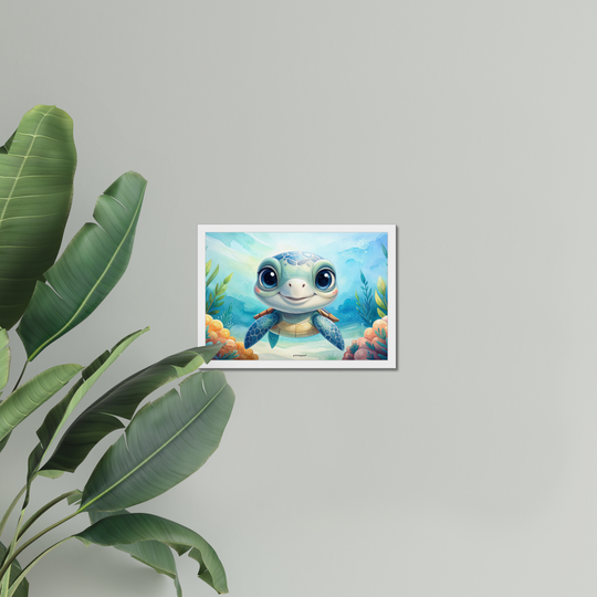 Framed illustration of a cute turtle in an underwater scene on a gray wall with a plant to the left.