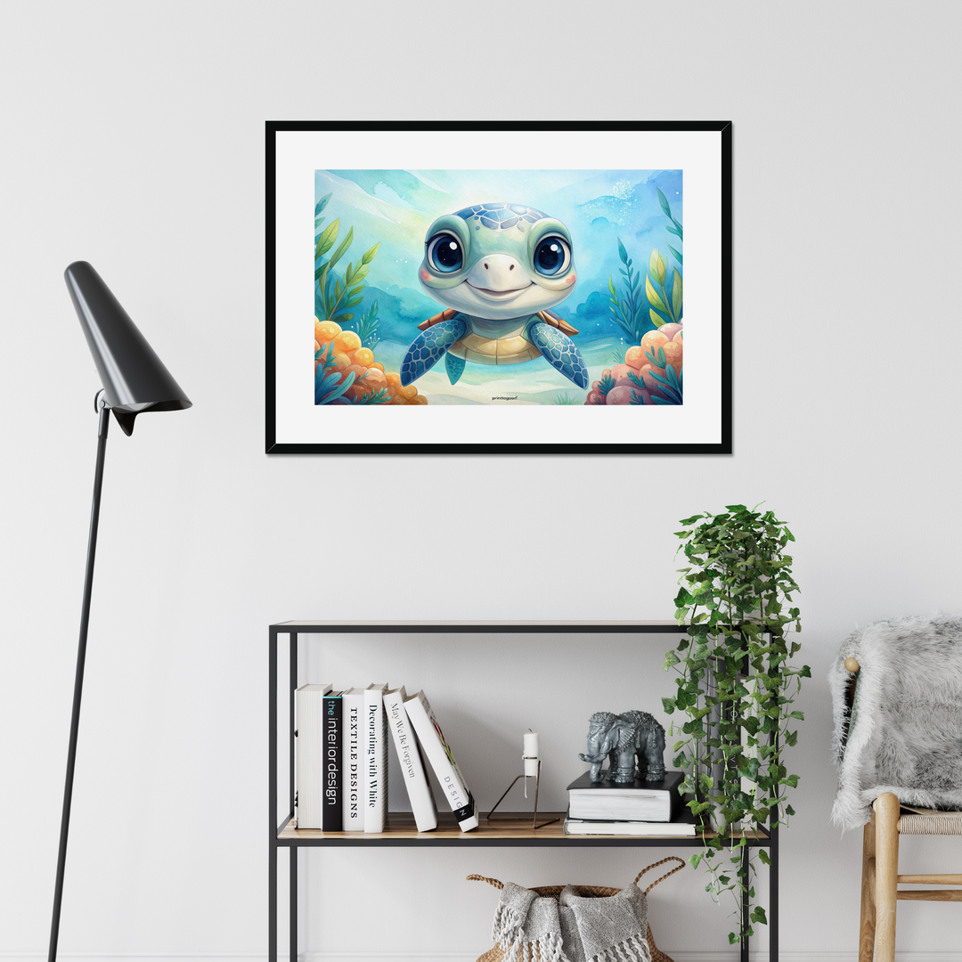 Framed artwork of a cartoon turtle on a wall above a bookshelf.