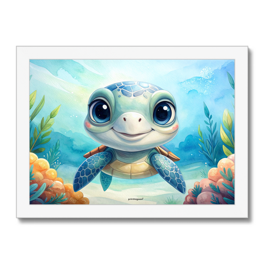 Illustration of a cute turtle in an underwater scene with plants and rocks.
