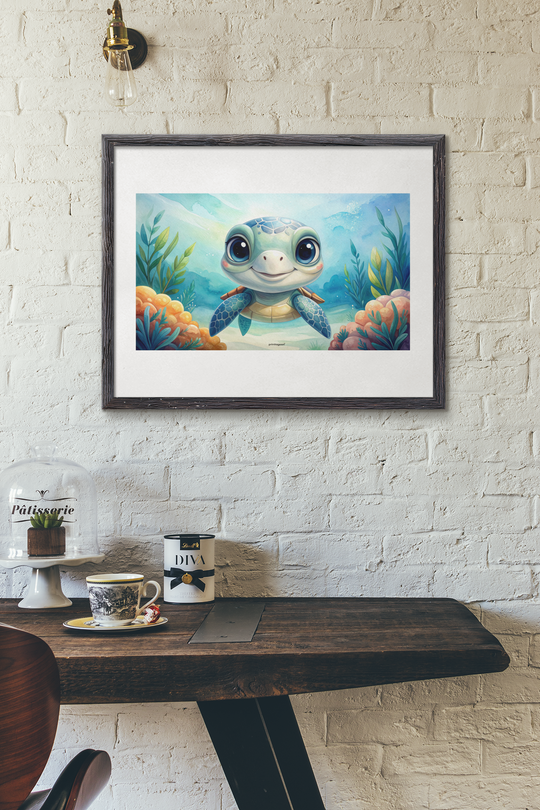 Framed illustration of a turtle on a wall above a wooden table.