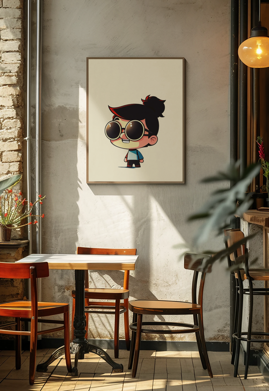 Café interior with wooden tables and chairs, framed artwork on the wall. Cartoon character with big sunglasses and a topknot hairstyle on a light background.
