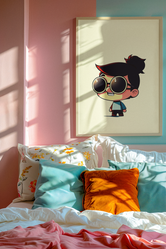 Bedroom with colorful bedding and a framed cartoon character on the wall.