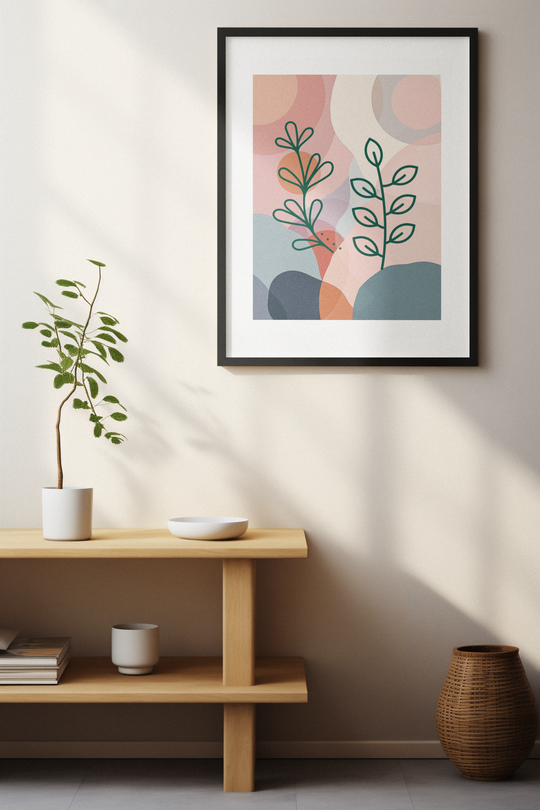 Framed abstract art print on a wall with a wooden shelf and decorative items below.