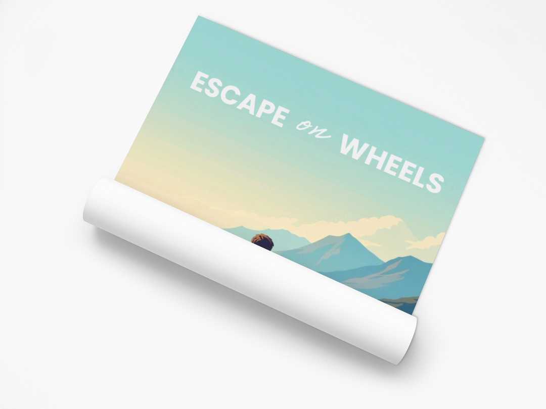 Roll of paper with 'Escape on Wheels' text and mountain graphic on a gradient background