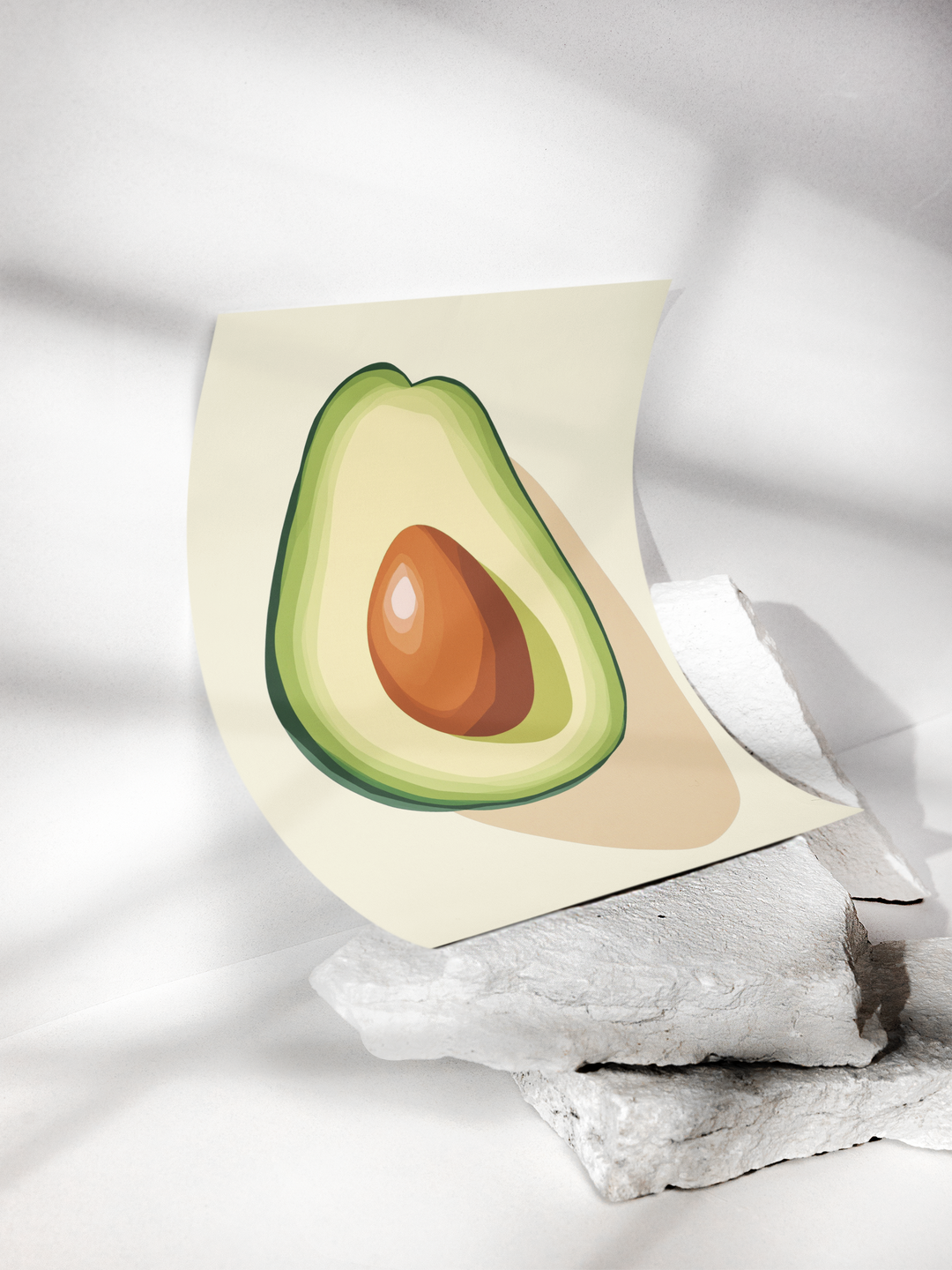 Illustration of an avocado cut in half on a beige background with a white fabric draped over it.