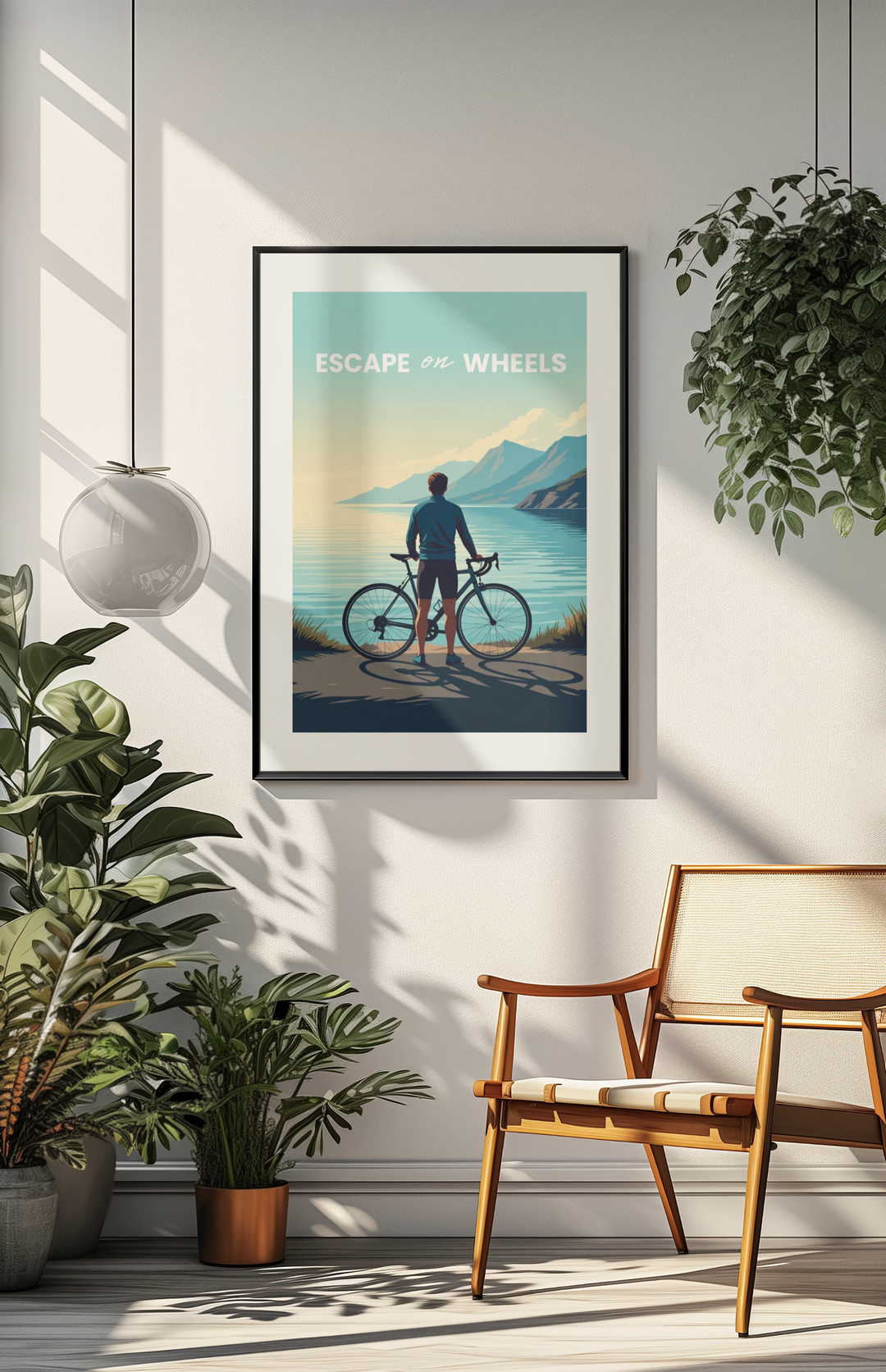 Framed poster of a cyclist by a lake with 'Escape on Wheels' text, placed in a room with plants and a chair.