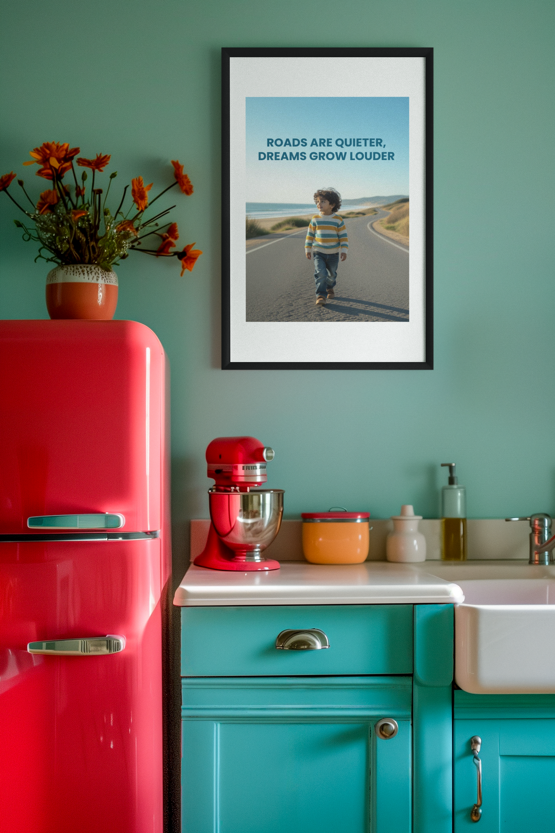 Kitchen interior with a red refrigerator, blue cabinets, and a framed picture on the wall.