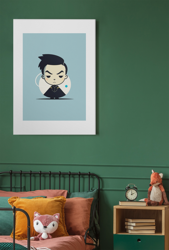 Minimalist character poster featuring a stylish figure in black attire with a confident expression, set against a soft pastel background.