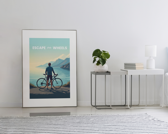 Framed artwork of a cyclist by a lake in a modern living room.