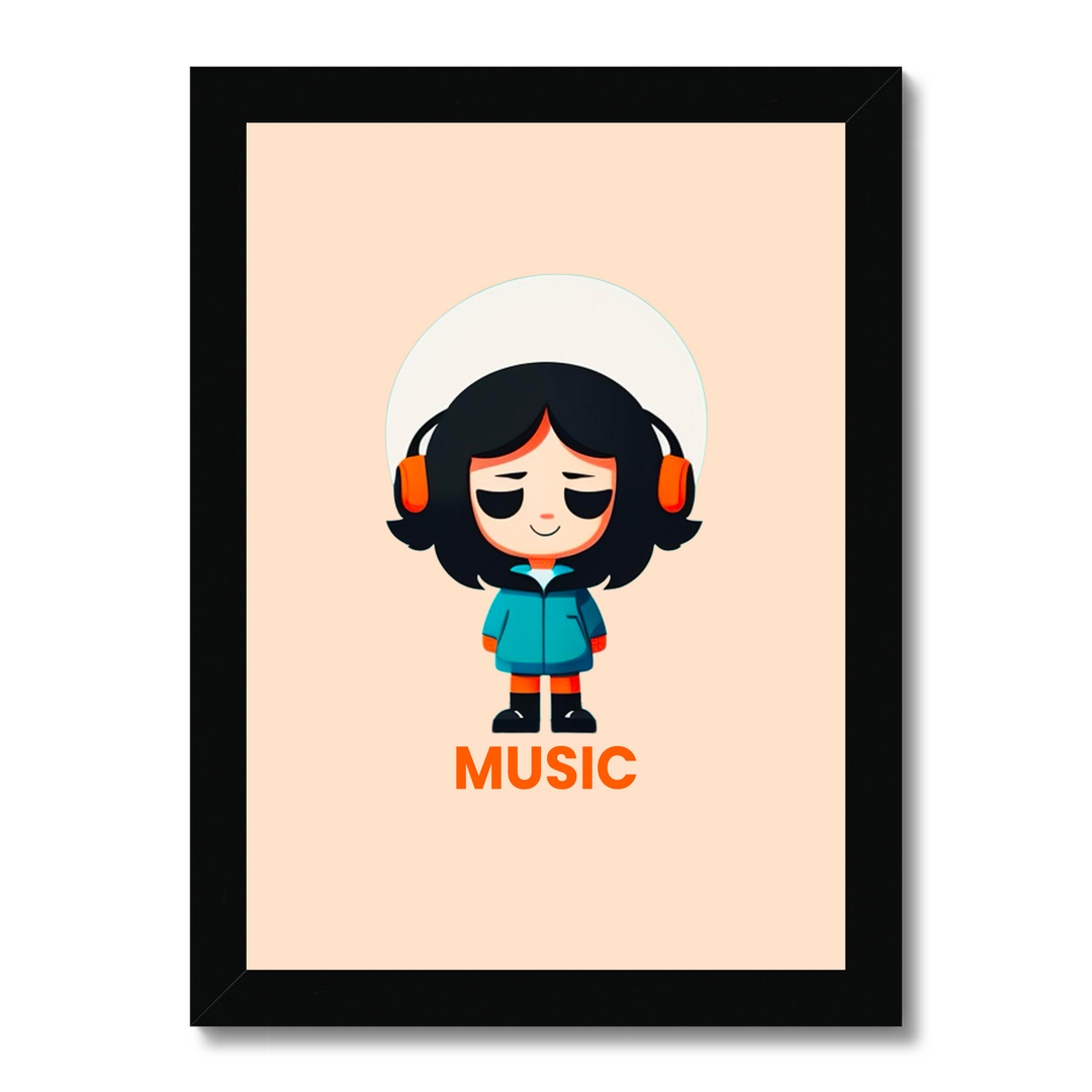 Framed artwork of a cartoon character wearing headphones with 'MUSIC' text on a beige background