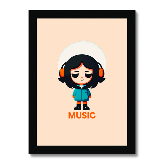 Framed artwork of a cartoon character wearing headphones with 'MUSIC' text on a beige background