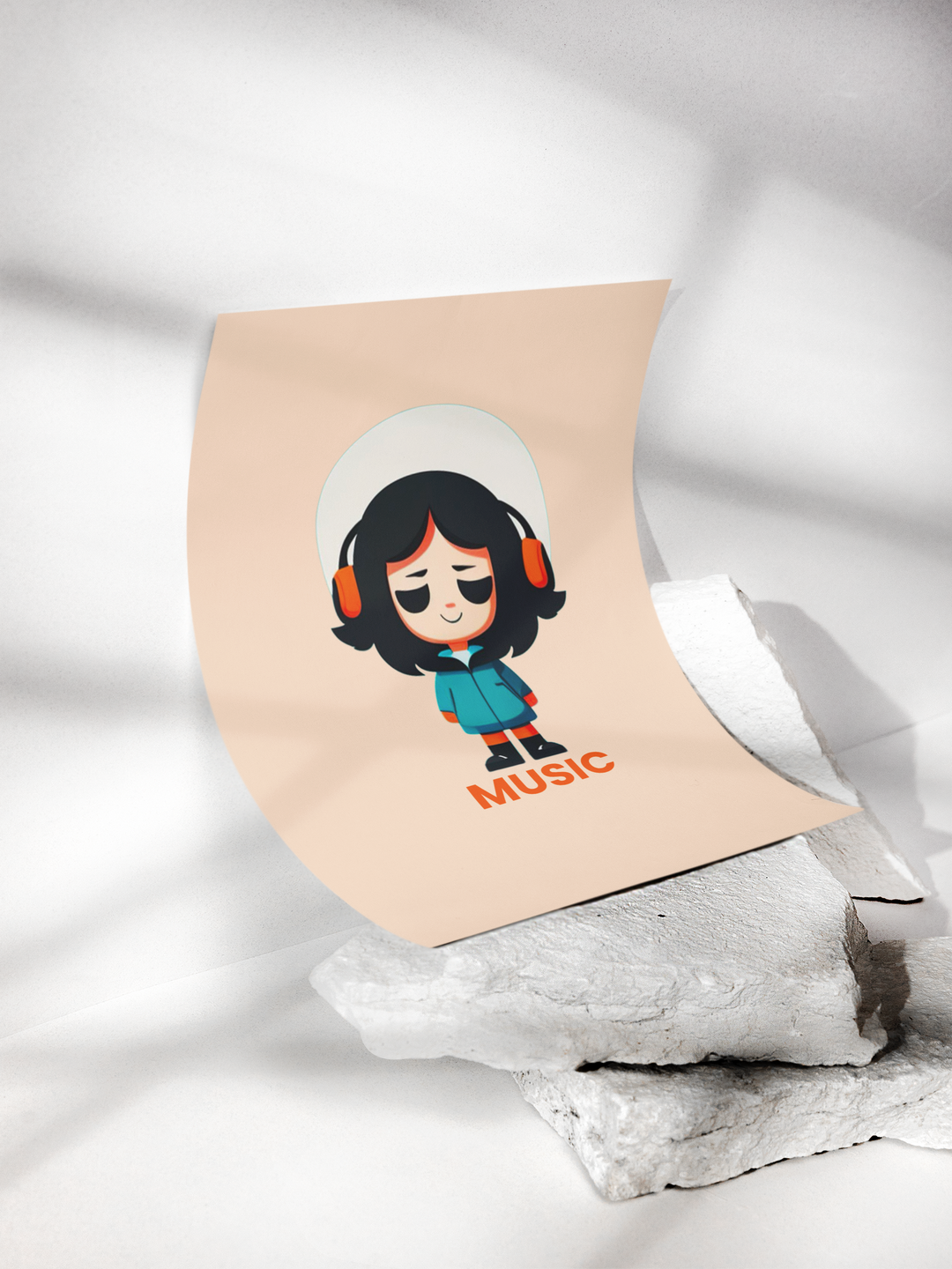 Sticker with a cartoon character wearing headphones and 'Music' text on a white background