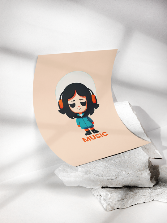 Sticker with a cartoon character wearing headphones and 'Music' text on a white background