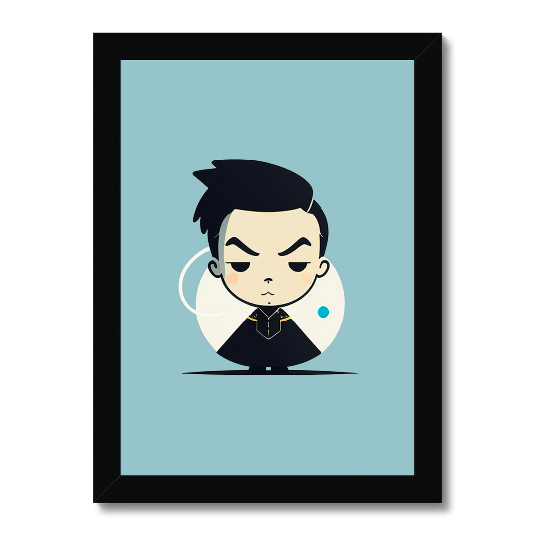 Framed artwork of a stylized character on a light blue background