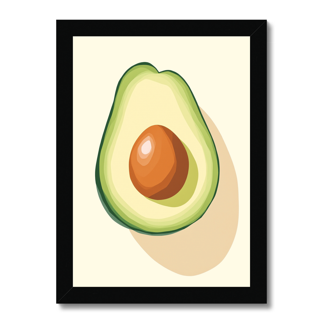 Framed artwork of a half-cut avocado on a beige background