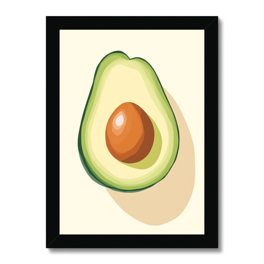 Framed artwork of a half-cut avocado on a beige background