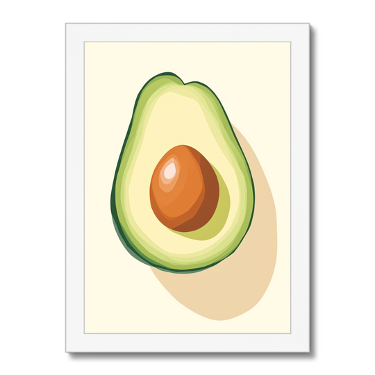 Framed artwork of a half-cut avocado on a beige background