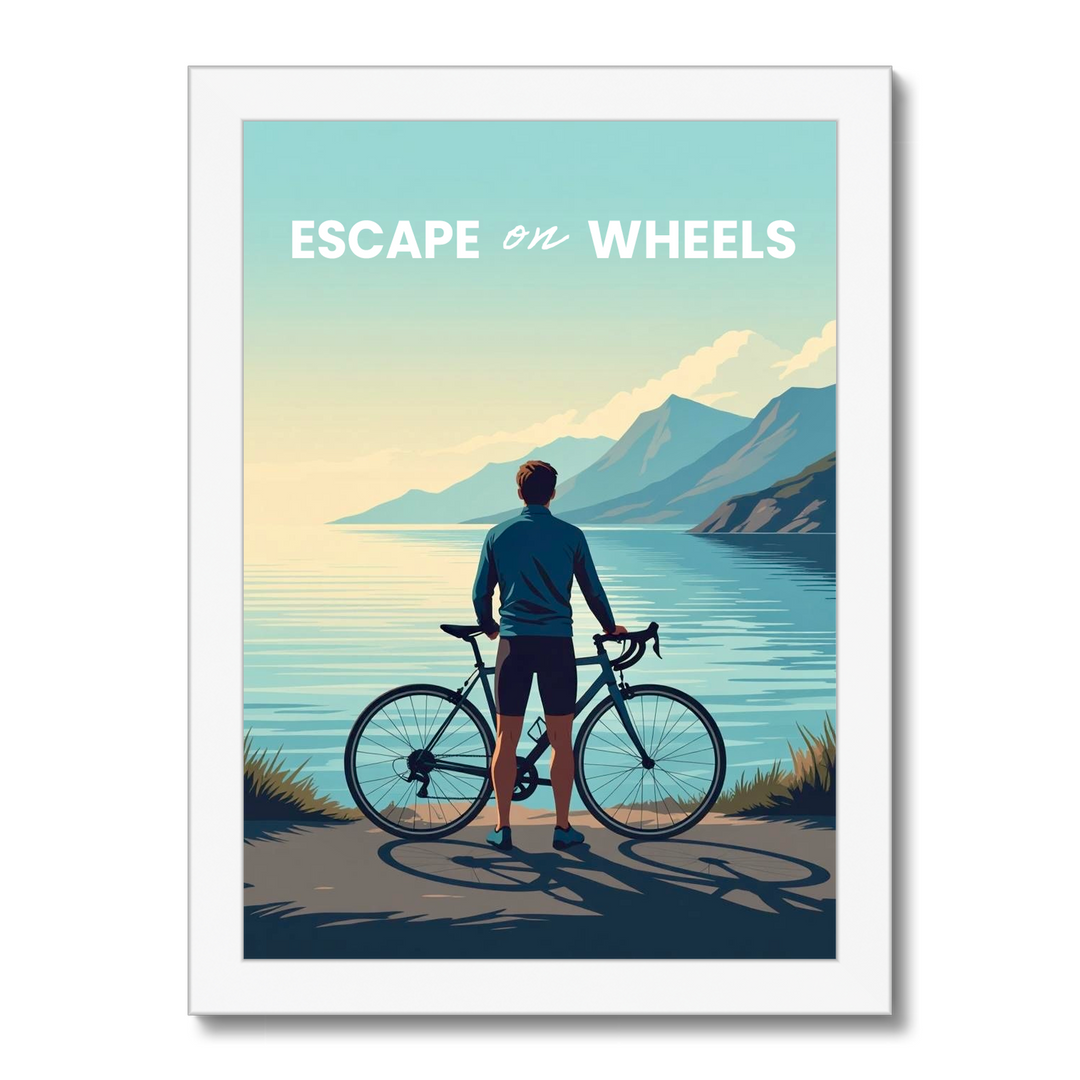 Poster of a cyclist by a lake with mountains in the background, featuring the text 'Escape on Wheels'.