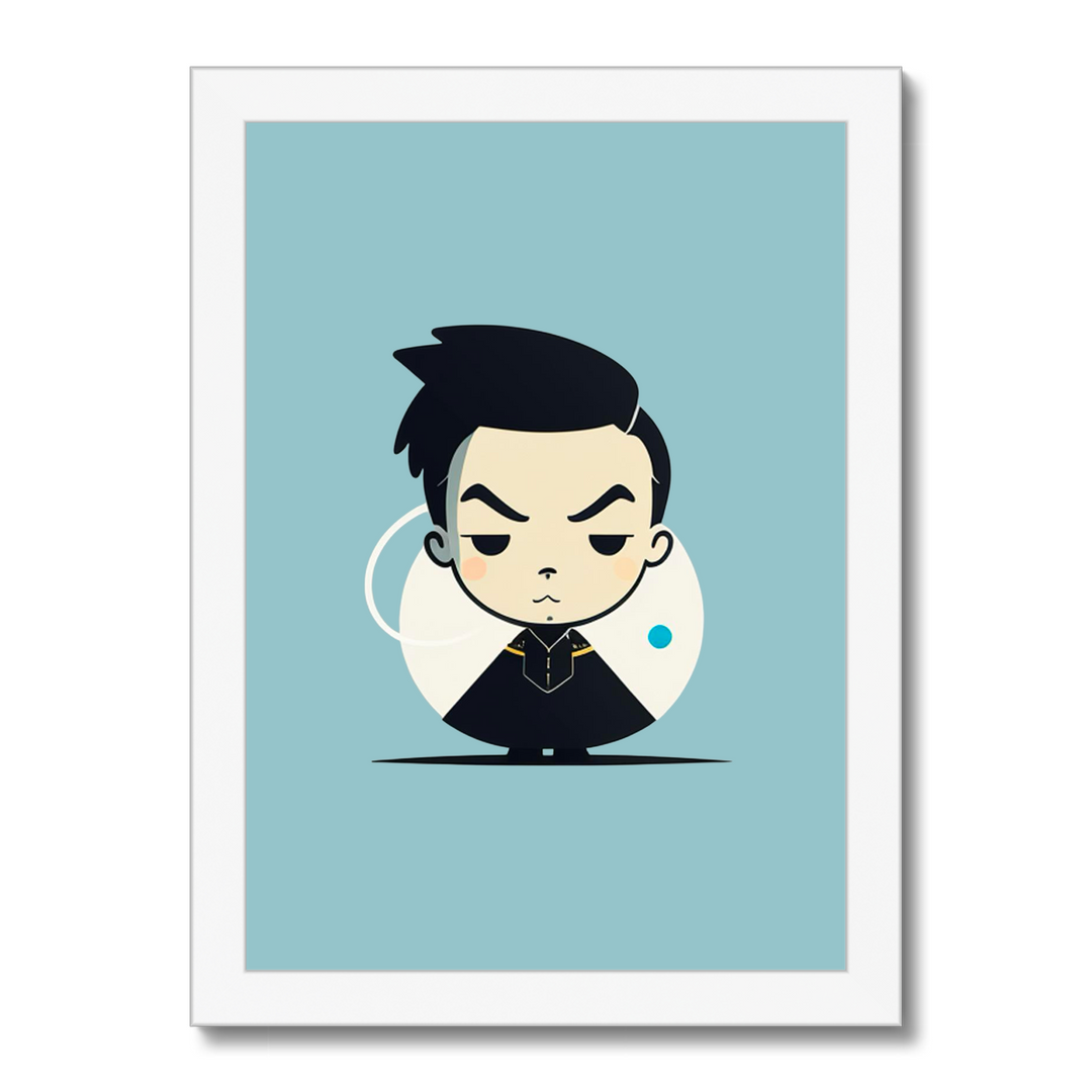 Framed artwork of a stylized character on a light blue background