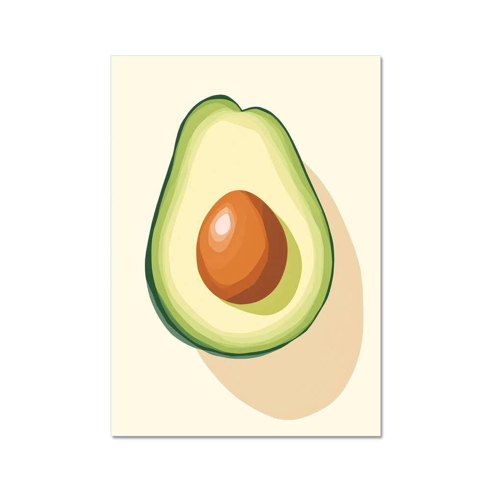 Illustration of an avocado cut in half on a beige background