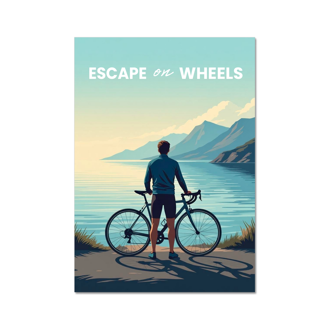 Poster with a cyclist standing by a lake and mountains, featuring the text 'Escape on Wheels'.