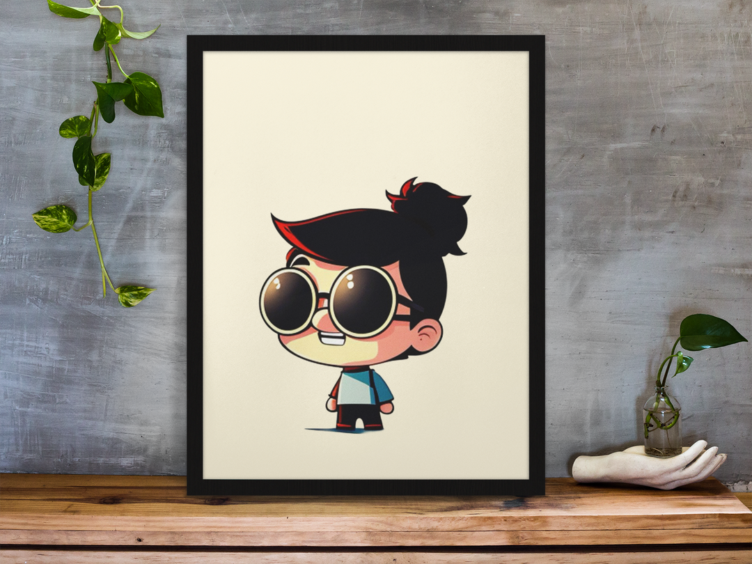 Framed cartoon character print on a wooden surface with a gray wall background. Cute kid cartoon in oversized round glasses, smiling with hands at sides.