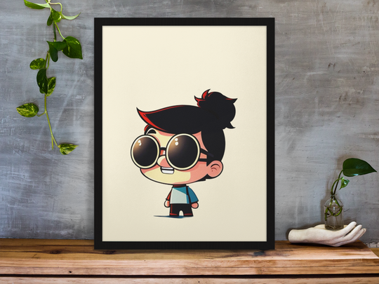 Framed cartoon character print on a wooden surface with a gray wall background. Cute kid cartoon in oversized round glasses, smiling with hands at sides.