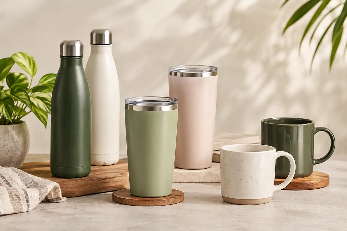 Personalised drinkware collection featuring reusable water bottles, insulated tumblers and ceramic mugs in neutral and pastel colours
