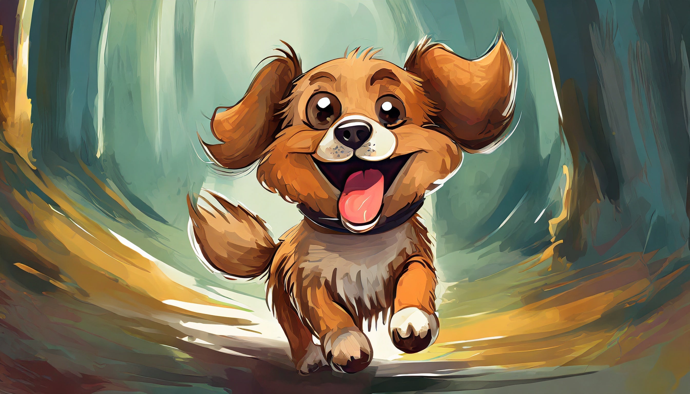 A digital painting of a joyful, cartoon-style brown puppy with big, shiny eyes and floppy ears running towards the viewer.