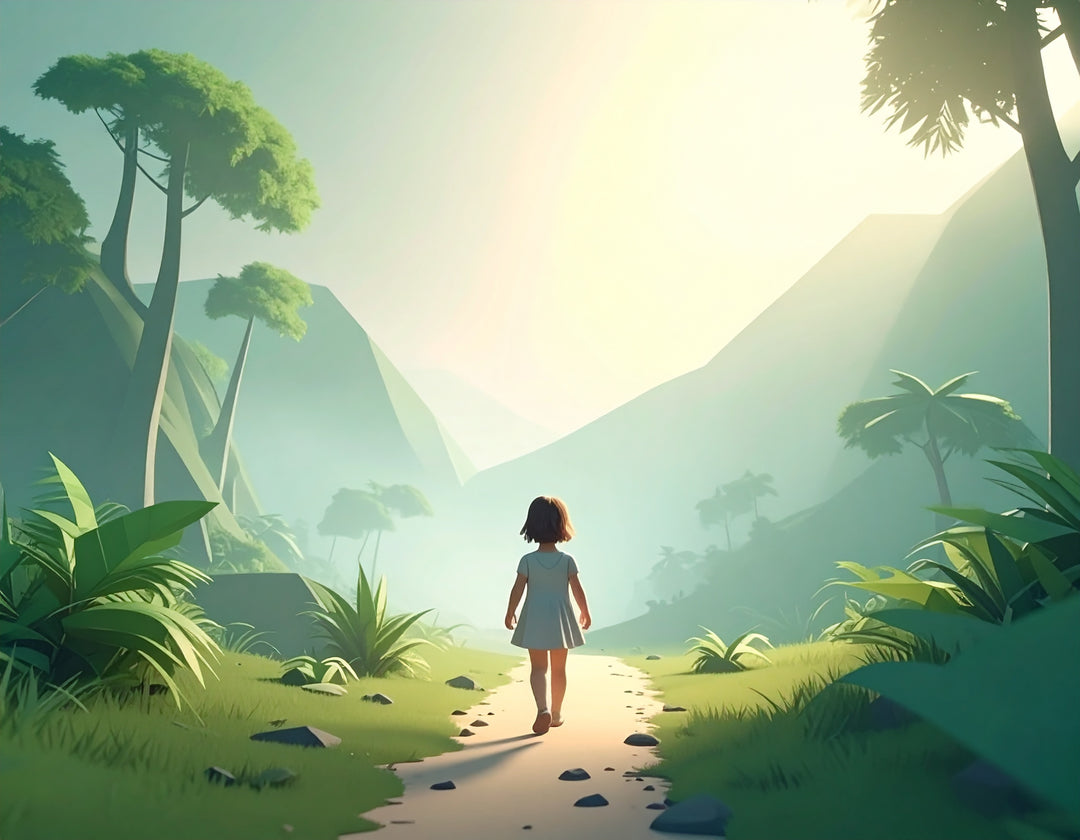 Person walking on a path in a tropical forest with mountains in the background