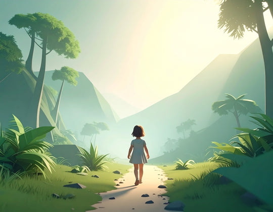Person walking on a path in a tropical forest with mountains in the background