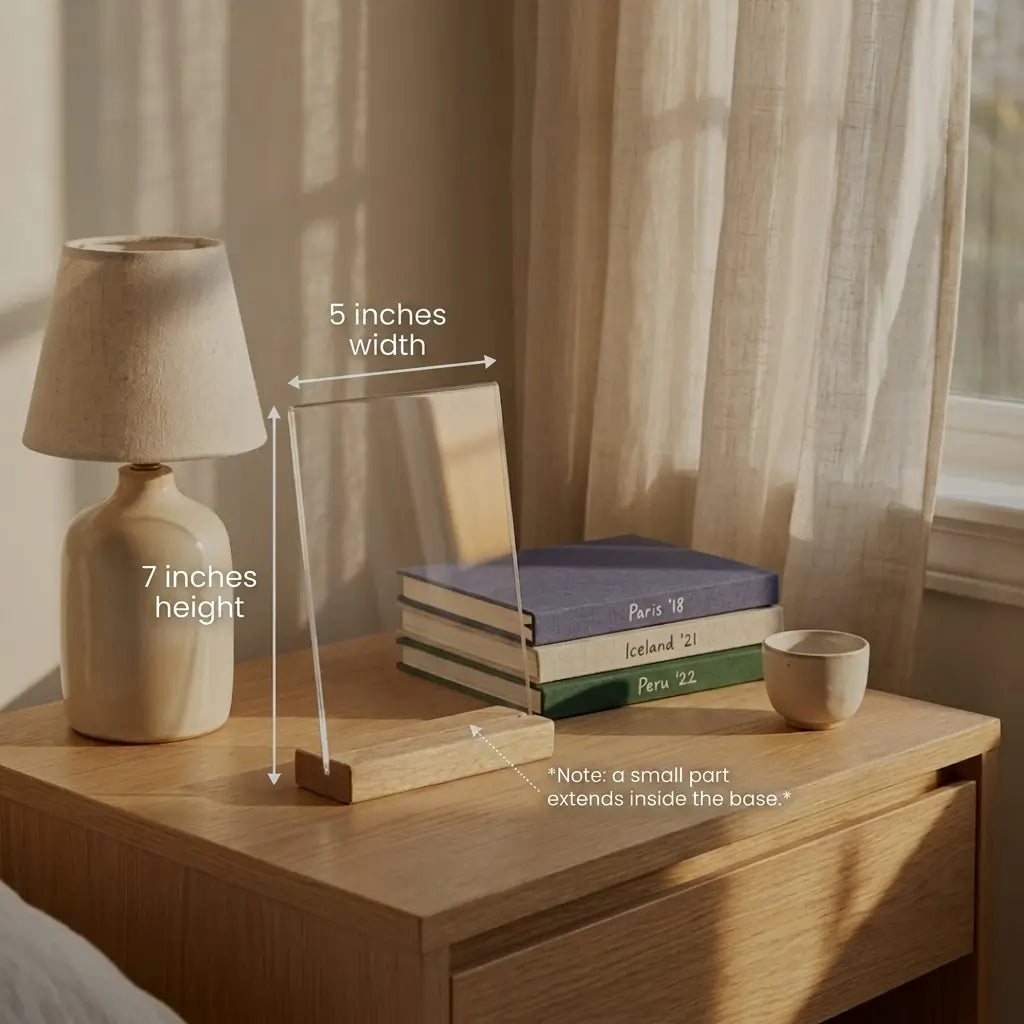 Blank crystal-clear acrylic photo frame with wooden stand on a minimalist bedside table by printlagoon.