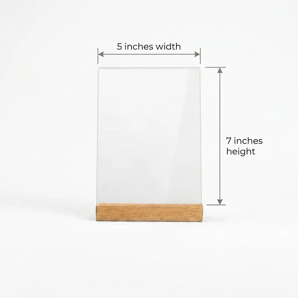 Premium 3mm crystal-clear acrylic photo frame with sturdy wooden stand on a white background.