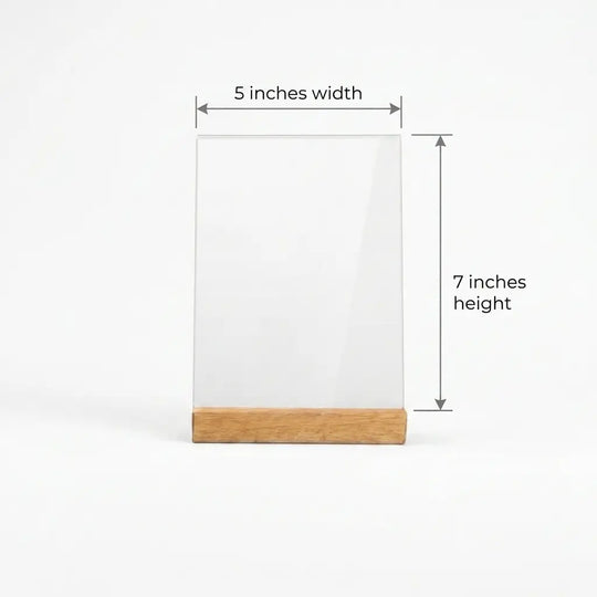 Premium 3mm crystal-clear acrylic photo frame with sturdy wooden stand on a white background.
