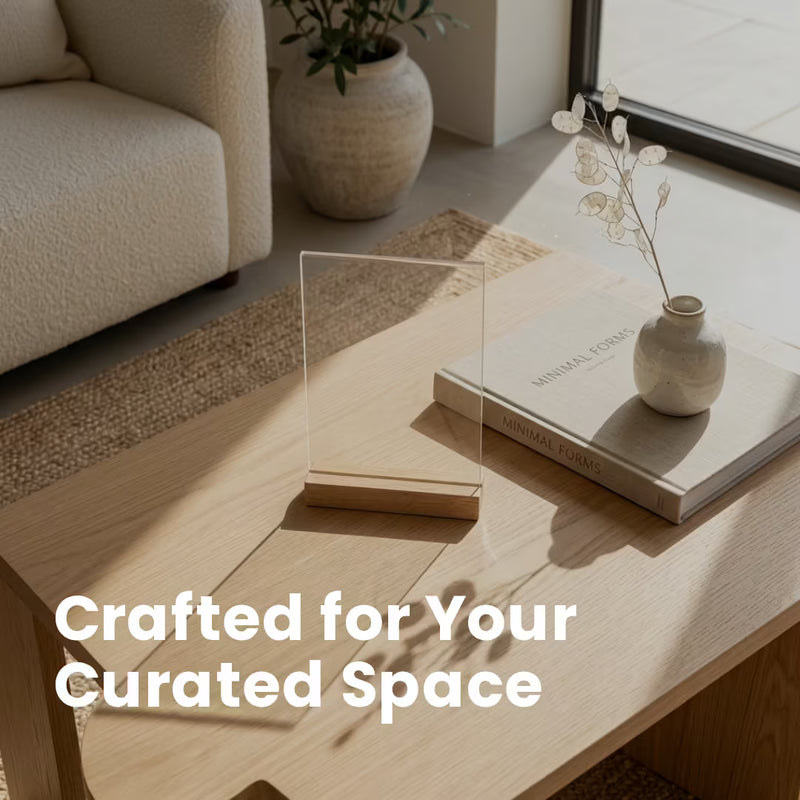 Minimalist personalised acrylic photo frame with wooden stand on a modern living room coffee table by printlagoon.