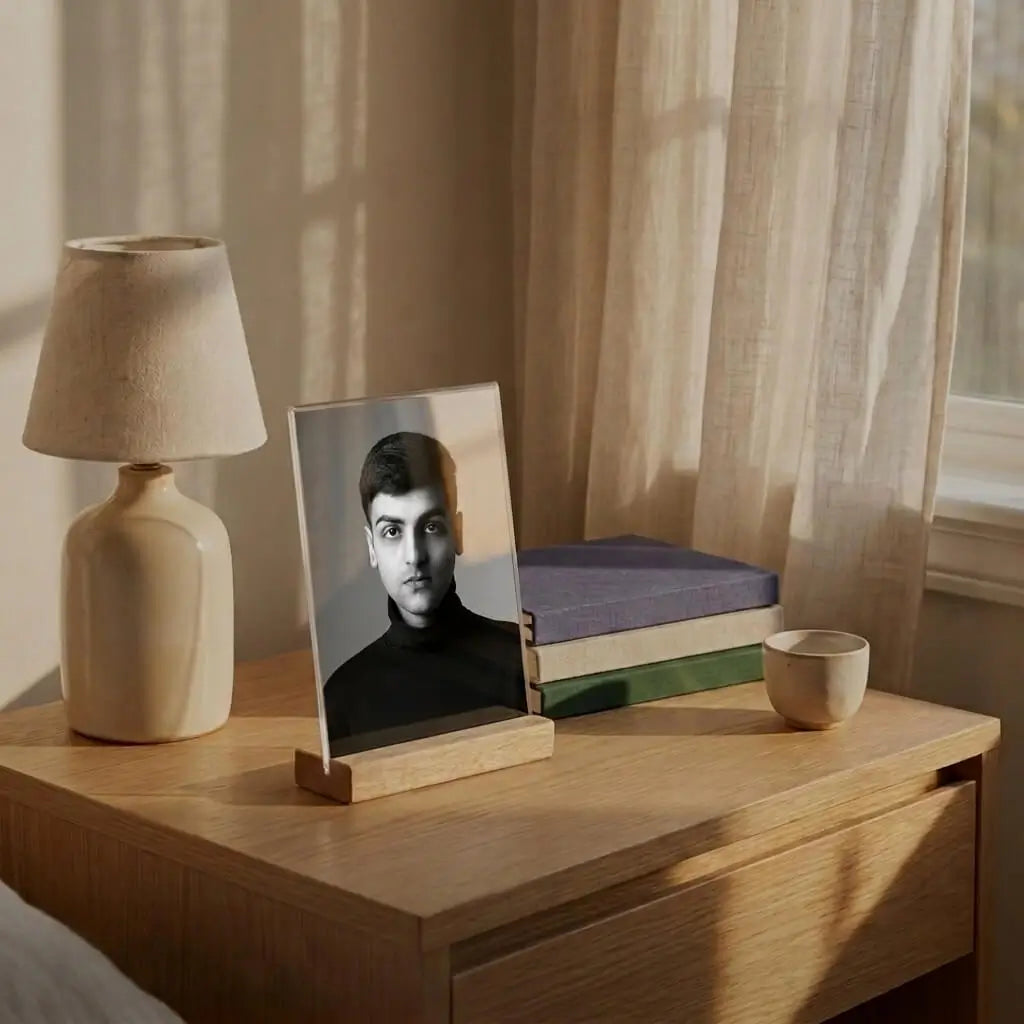 Personalized acrylic photo print by Printlagoon displayed on a wooden bedside table with a premium wooden stand, featuring a black-and-white portrait in a minimalist bedroom with warm natural light and elegant home décor.