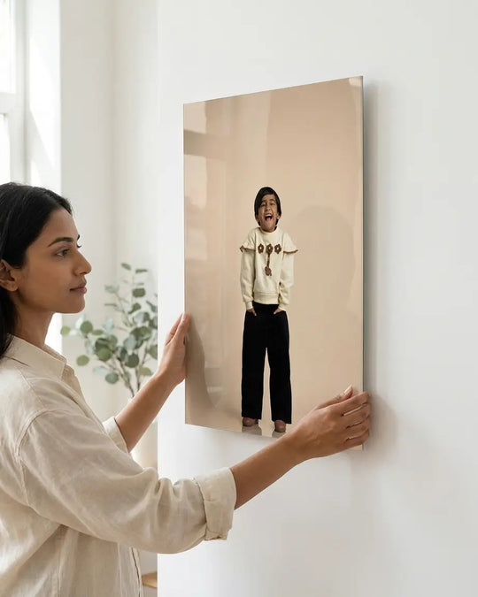 Printlagoon personalized acrylic photo print mounted on a wall, featuring premium HD printing, glossy finish, and elegant frameless wall art for modern home decor and meaningful gifts.