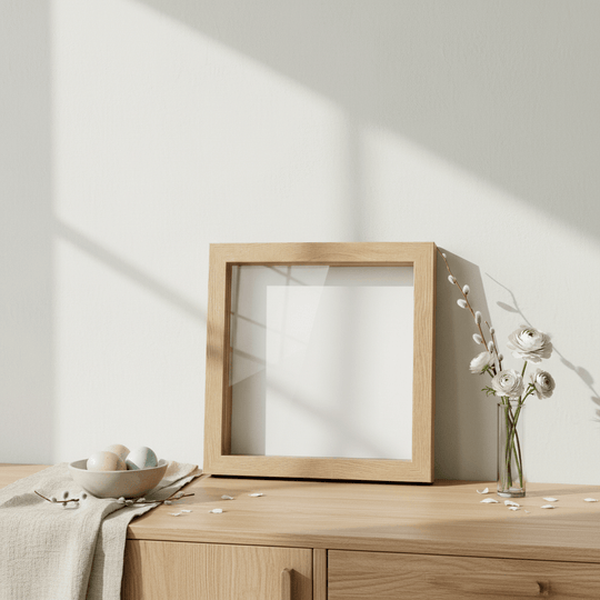 Wooden frame on a wooden surface with a minimalistic background by printlagoon