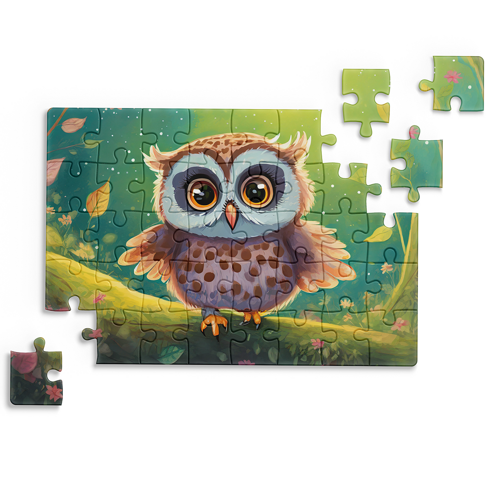 Cartoon style owl artwork with big eyes in a dreamy woodland jigsaw puzzle by printlagoon