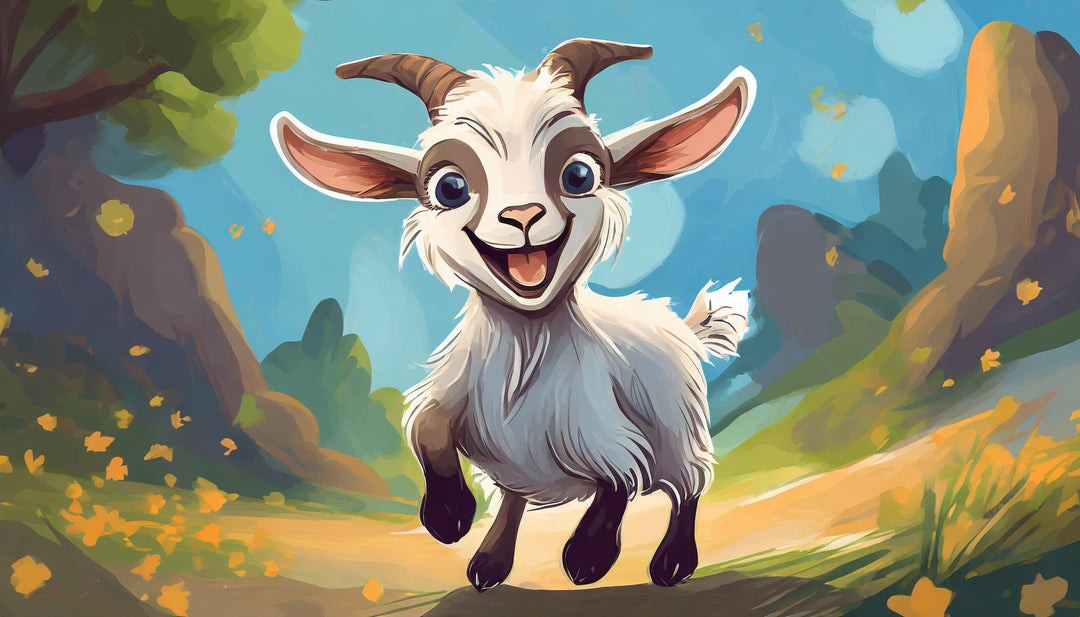 Cute baby goat with a happy smile running through a sunny countryside landscape, colorful farm animal jigsaw puzzle for kids by printlagoon
