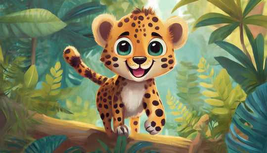 Cute baby leopard cub with big eyes and a happy smile in a lush tropical jungle, colorful wildlife jigsaw puzzle for kids by printlagoon