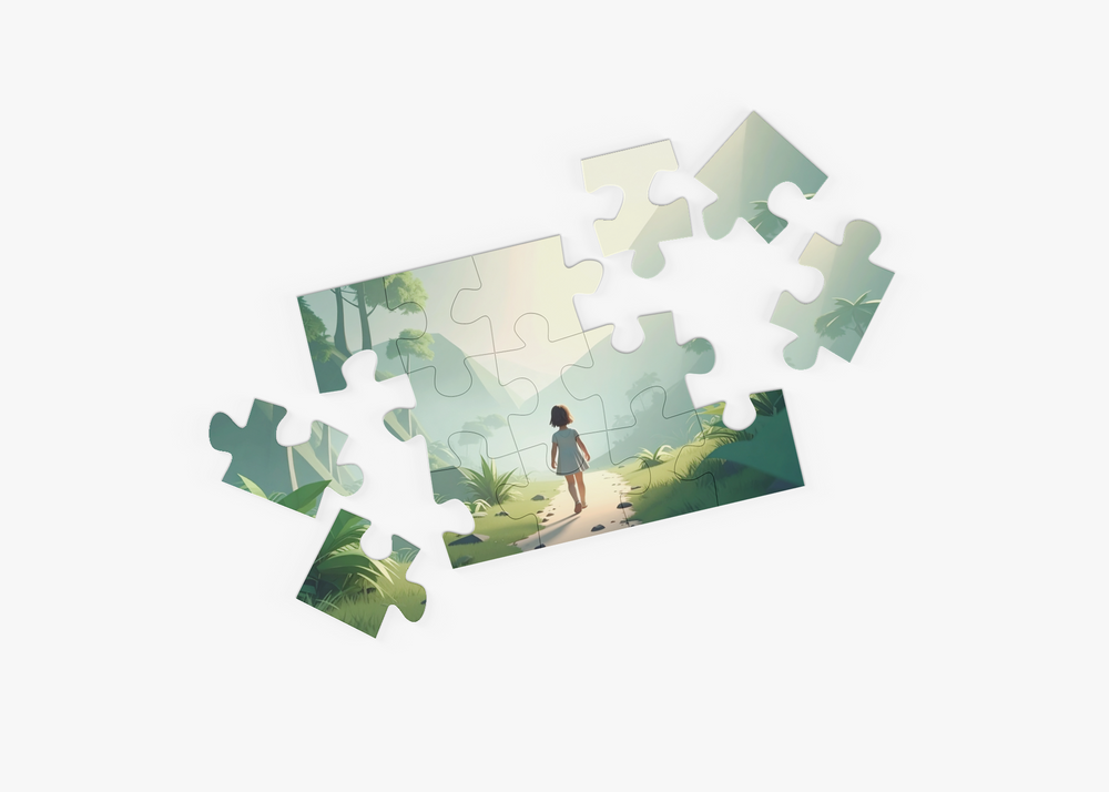 Jigsaw puzzle with a scenic design of a person walking on a path.