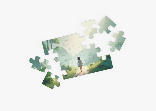 Jigsaw puzzle with a scenic design of a person walking on a path.