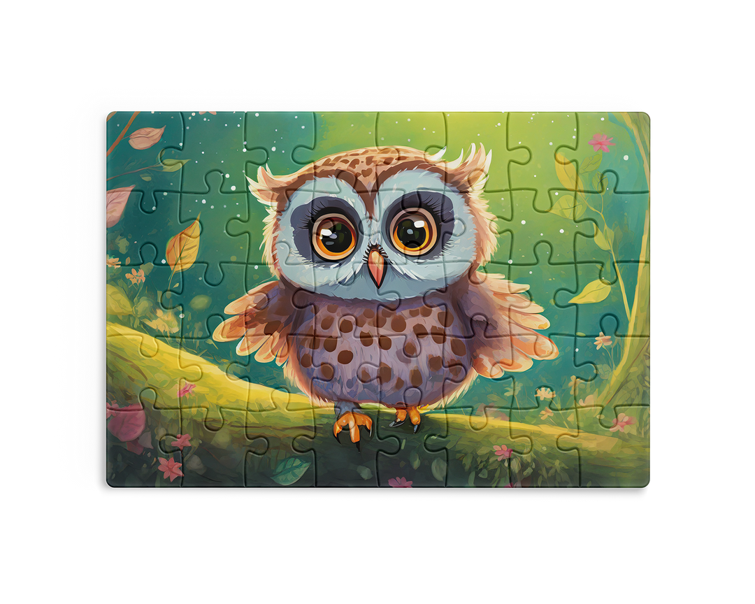Cute baby owl illustration in a magical forest background jigsaw puzzle design by printlagoon