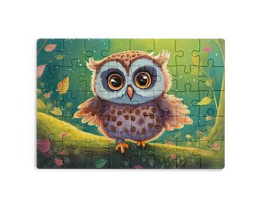 Cute baby owl illustration in a magical forest background jigsaw puzzle design by printlagoon
