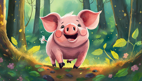 Cute baby pig forest jigsaw puzzle with happy cartoon piglet in a woodland scene, colorful animal puzzle for kids and family puzzle game. by printlagoon