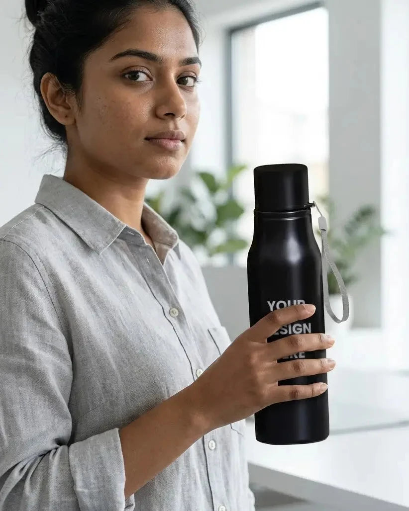 A woman in a light gray linen shirt holds a matte black insulated water bottle with a wrist strap in an office setting. The bottle features placeholder white text that reads &