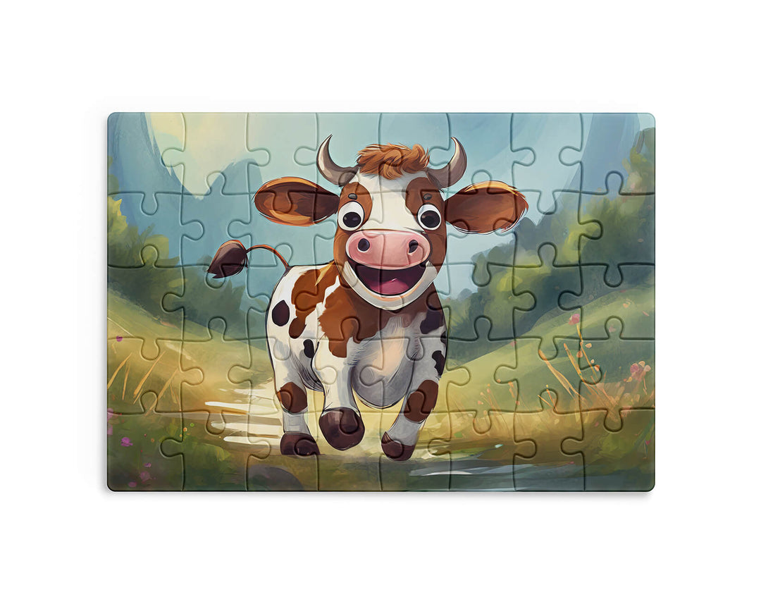 Jigsaw puzzle with a cartoon cow on a colorful background