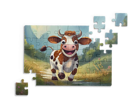 Jigsaw puzzle with a cow illustration on a white background by printlagoon